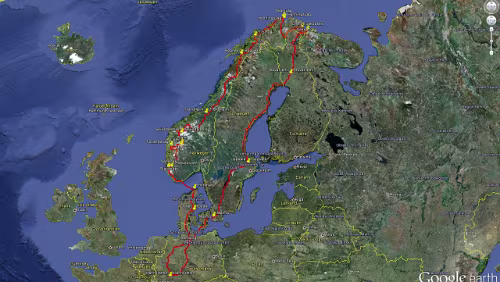 Norge 2012 Gesamter Streckenverlauf - Auto: 8.206 km - Schiff: 383 km - Spritverbrauch: 9,1 l/100 km - ø Geschwindigkeit: 76,3 km/h. Die Reise als Hörbuch