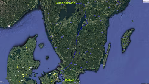 Malmö – Kristinehamn So 28.01.2018 Malmö – Kristinehamn, ‚Hotell Marieberg‘, 5 Std. 59 Min. (536 km) [Abfahrt von der E4 erst bei Mjölby und dann über die 50] / Karte