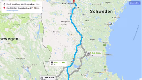 Kristinehamn – Östersund Mo 29.01.2018 Kristinehamn – Malung – Sveg – Östersund, ‚Hotell Linden‘, 6 Std. 44 Min. (531 km) / Karte