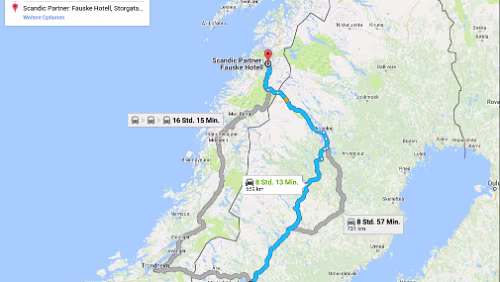 Östersund – Fauske Di 30.01.2018 Östersund – Vilhelmina – Storuman – Sorsele – Arjeplog – [NORGE] – Storjord – Fauske, ‚Scandic Östersund‘, 8 Std. 12 Min. (669 km) / Karte