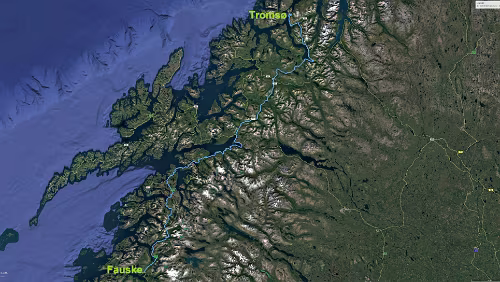 Fauske – Tromsø Mi 31.01.2018 Fauske – Bognes – Fähre – Skarberget – Tromsø, ‚Sydspissen Hotel‘, 7 Std. 42 Min. (501 km) / Karte