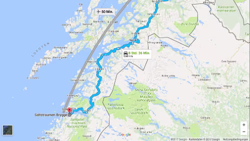 Tromsø – Saltstraumen Mo 05.02.2018 Tromsø – Saltstraumen, ‚Saltstraumen Brygge‘, 8 Std. 27 Min. (550 km) / Karte