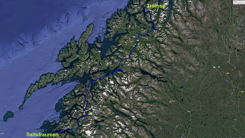 Tromsø – Saltstraumen Mo 05.02.2018 Tromsø – Saltstraumen, ‚Saltstraumen Brygge‘, 8 Std. 27 Min. (550 km) / Karte