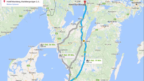Tagestour So 28.01.2018 Malmö – Kristinehamn, ‚Hotell Marieberg‘, 5 Std. 59 Min. (536 km) [Abfahrt von der E4 erst bei Mjölby und dann über die 50] / Karte Hotell...