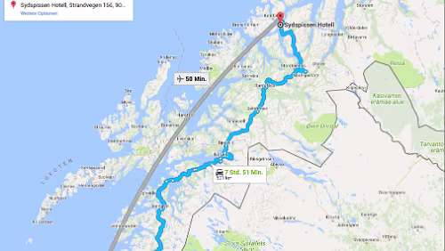 Tagestour Mi 31.01.2018 Fauske – Bognes – Fähre – Skarberget – Tromsø, ‚Sydspissen Hotel‘, 7 Std. 42 Min. (501 km) / Karte Sydspissen Hotel, Strandvegen 166, 9006 Tromsø,...