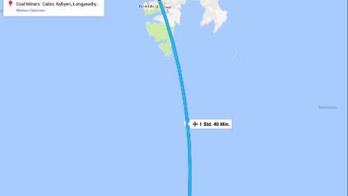 Tagestour Do 01.02.2018 FLY Tromsø – Longyearbyen; SK4414, 738, 12:20 – 14:00, ‚Coal Miners’ Cabins‘ / 1 Std. 40 Min. Karte Coal Miners’ Cabins, Longyearbyen, 9171...