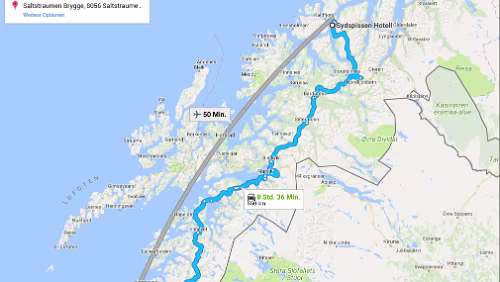 Tagestour Mo 05.02.2018 Tromsø – Saltstraumen, ‚Saltstraumen Brygge‘, 8 Std. 27 Min. (550 km) / Karte Saltstraumen Brygge, Tuv Ytre, 8056 Straumen,...