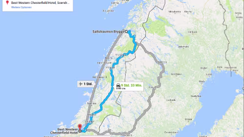 Tagestour Di 06.02.2018 Saltstraumen – Trondheim, ‚Best Western Chesterfield Hotel‘, 9 Std. 30 Min. (690 km) / Karte Best Western Chesterfield Hotel, Søndregate 26, 7010...