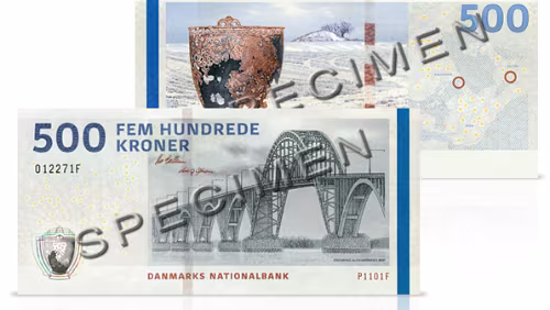 Sedle 500-kronesedlen – Dronning Alexandrines bro og bronzespanden fra Keldby. © Danmarks Nationalbank