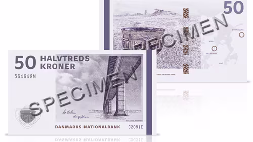 Sedle 50-kronesedlen – Sallingsundbroen og Skarpsalling-karret. © Danmarks Nationalbank