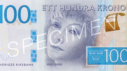 Sedel 100-krona banknote Facts Motif obverse: the actress Greta Garbo Motif reverse: Stockholm, where Greta Garbo grew up Measures: 133 x 66 millimetres Thickness:...