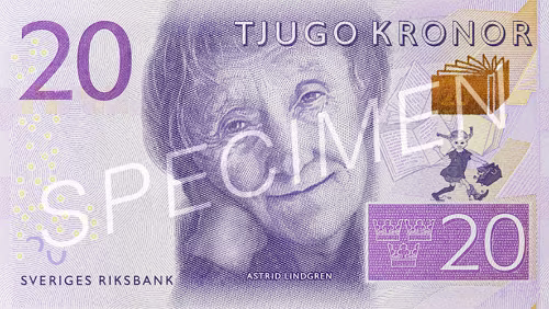 Sedel 20-krona banknote Facts Obverse motif: Children´s writer Astrid Lindgren Reverse motif: Småland, where Astrid Lindgren grew up Measures: 120 x 66 millimetres...