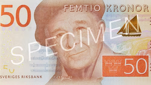 Sedel 50-krona banknote Facts Obverse motif: The poet, composer and artist Evert Taube Reverse motif: Bohuslän, one of the many places from which Evert Taube drew...