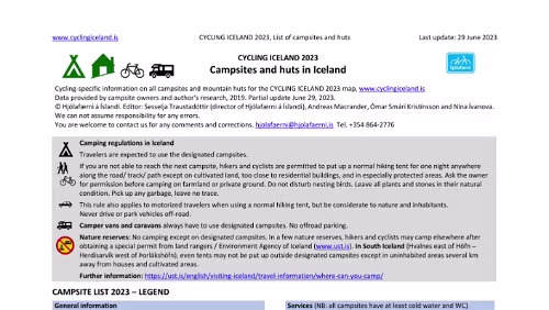 Karte Campsites and huts in Iceland