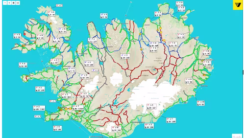 Wettervorhersage Die roten Straßen sind bereits gesperrt. Die Ringstraße ist weitgehend unproblematisch. Die verschieden blau eingefärbten Abschnitte zeigen leicht oder stärker...