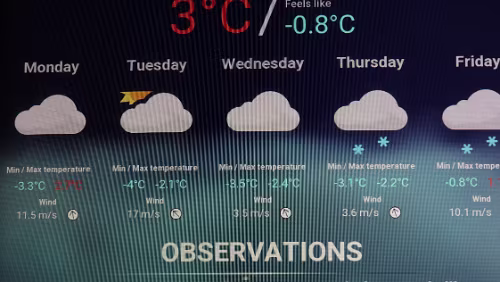 Longyearbyen Eine Anzeige zur Wettersituation. Fast überall Temperaturen über dem Gefrierpunkt.